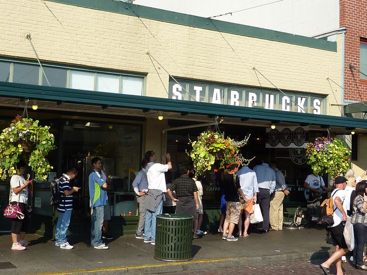 The historic Starbucks shopfront in Pike Place Market, Seattle